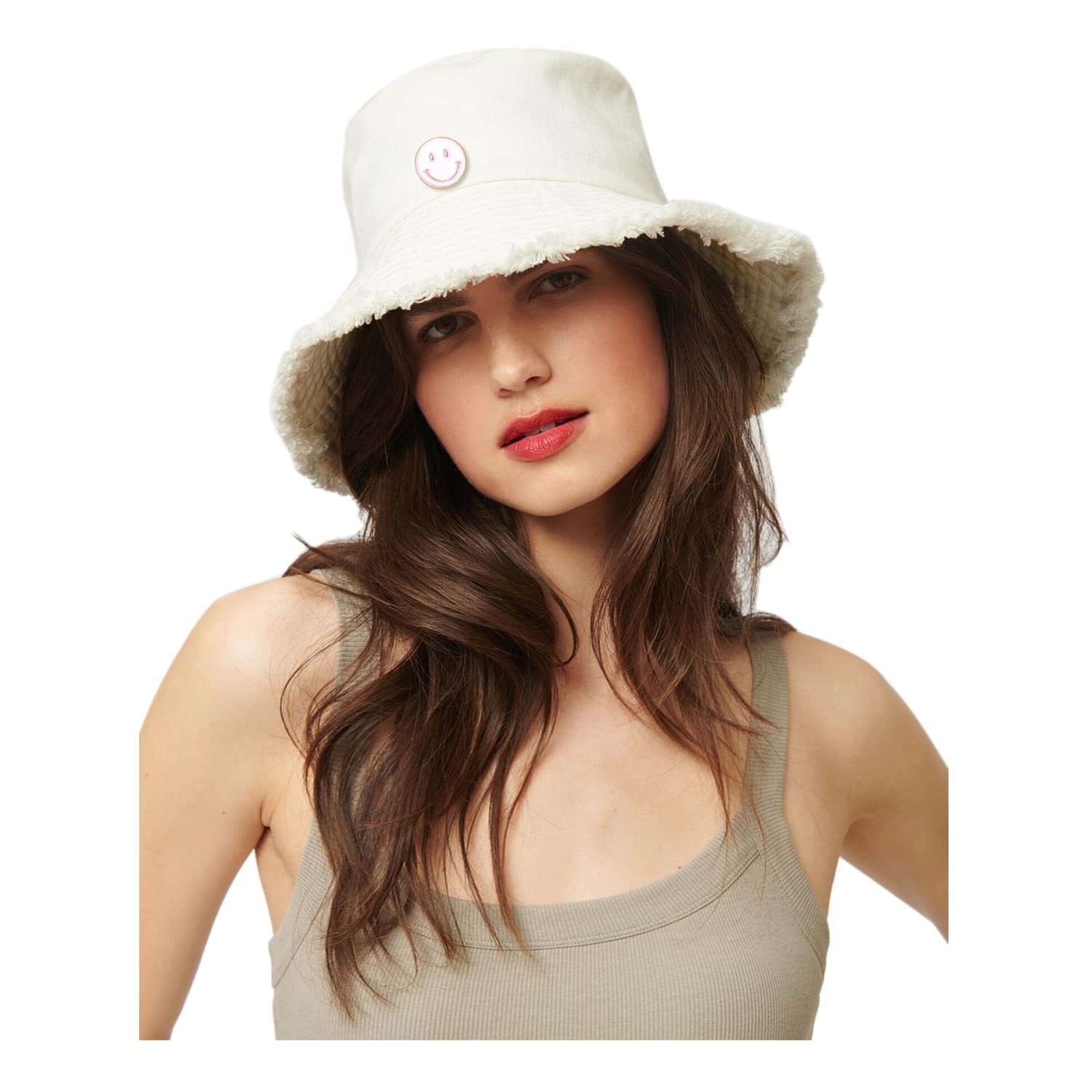 NLCAC Sun Hat for Women Cotton Frayed Trim Smiley Face Bucket Hat Beach Fisherman Hat Summer Accessories