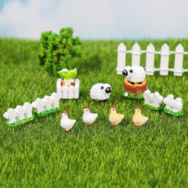 12-Piece Miniature Fairy Garden Decor Set - Mini Rooster and Moss Ornaments for DIY Plant Pot, Terrarium, and Indoor Fairy Garden Decorations