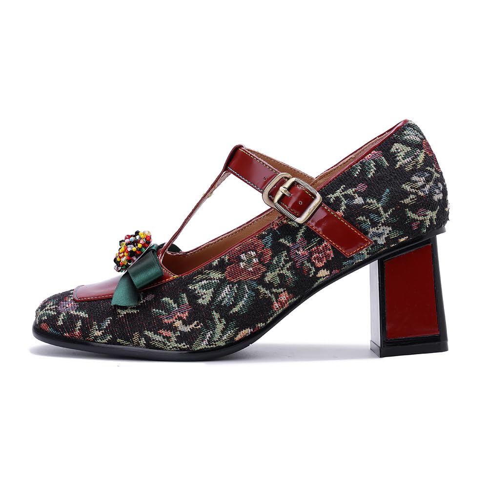 Little KAKA Damen Leder T Strap bunten Mary Jane Schuhe Block Heels Mary Jane Dressing Schuhe