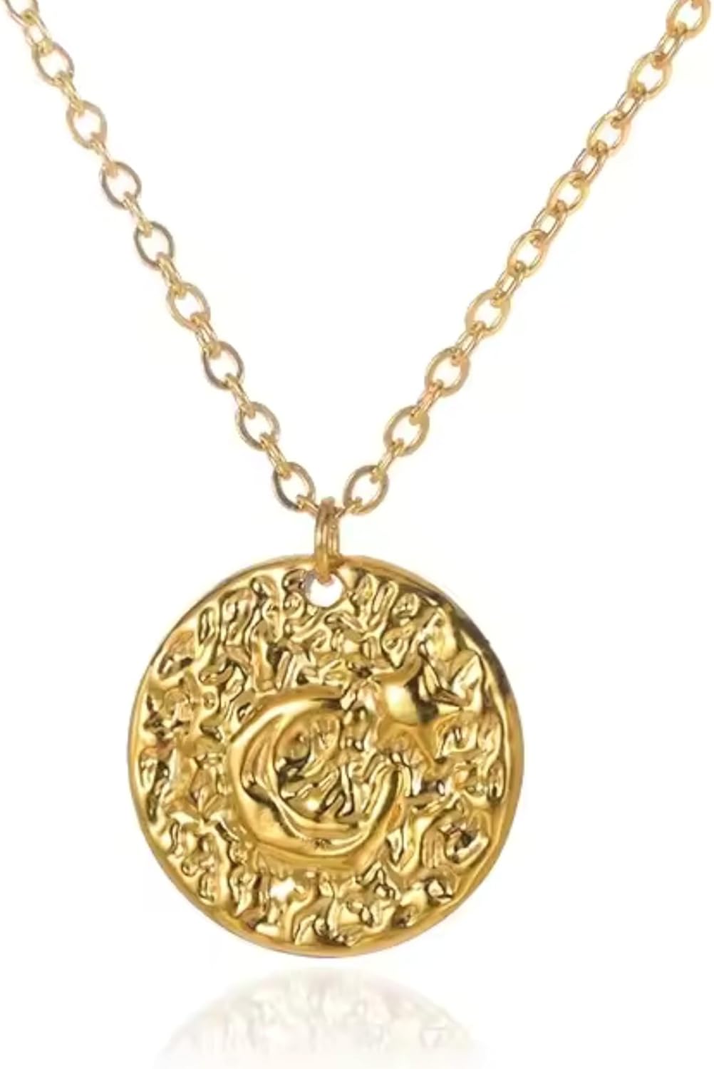 Gold Coin Pendant Necklace for Women – Vintage Moon & Star Embossed Design – 18K Gold Plated Stainless Steel – Dainty Celestial Jewelry Gift for Her - Image 7