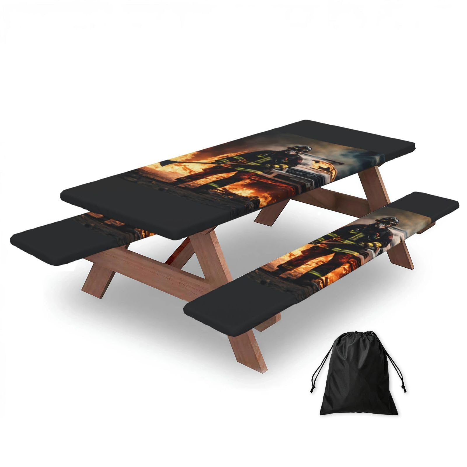 PPHGUT Firefighter Fireman Flame Print Picnic Table Bench Cover Set Outdoor Garden Bbq Protector For Family Camping