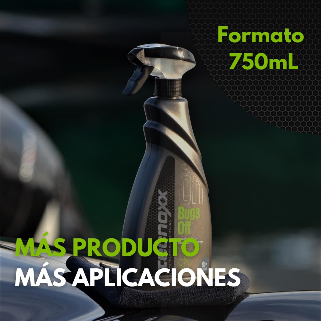 Tecnoxx – Bugs Off Limpiador de Mosquitos Eliminador de Insectos y excrementos Aves en Parabrisas y Carrocería - Envase Grande 750ml con pulverizador