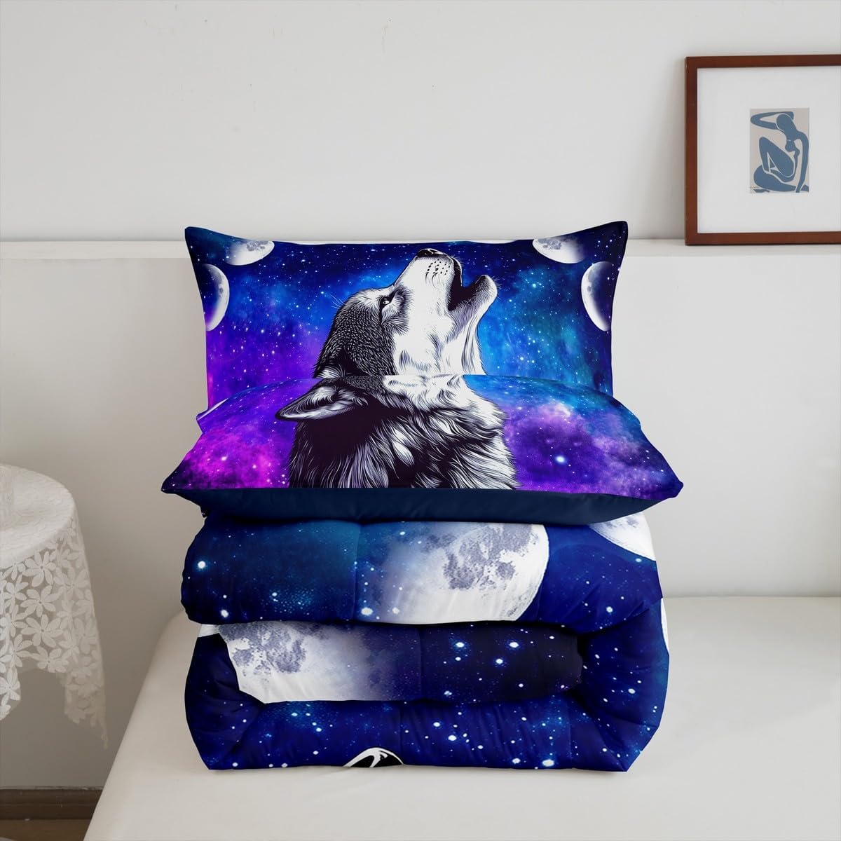 Erosebridal Howling Wolf Down Comforter Blue Purple Starry Sky Bedding Set Twin Size,Galaxy Series Comforter Set for Child Teens Youth Man,Stars Moon Bed Quilt Wild Animal Themed Room Decor