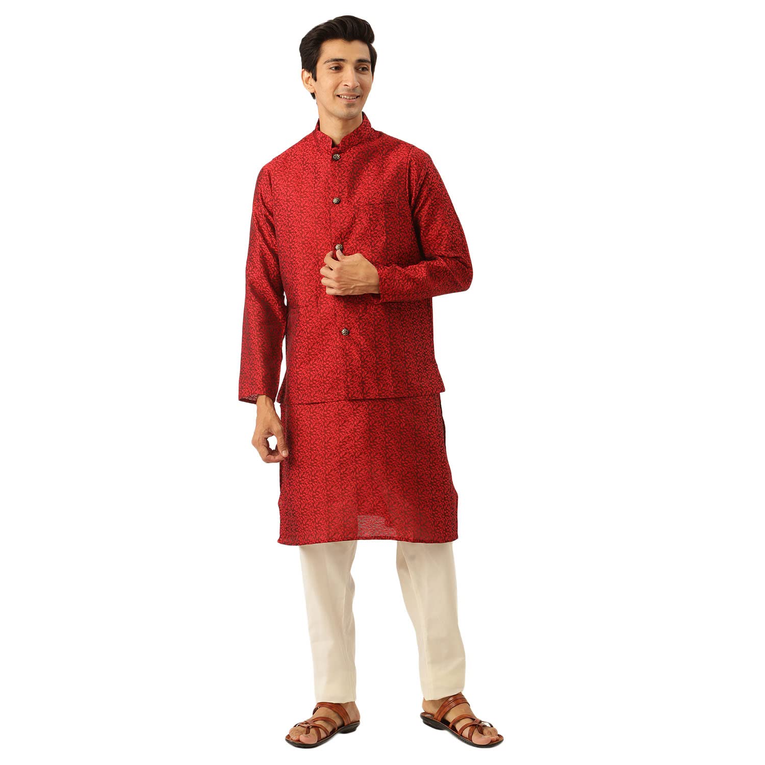 sojanya (Since 1958 Men's Jacquard Silk Mustard Kurta & Nehrujacket with Off White Pyjama Combo-picture-41