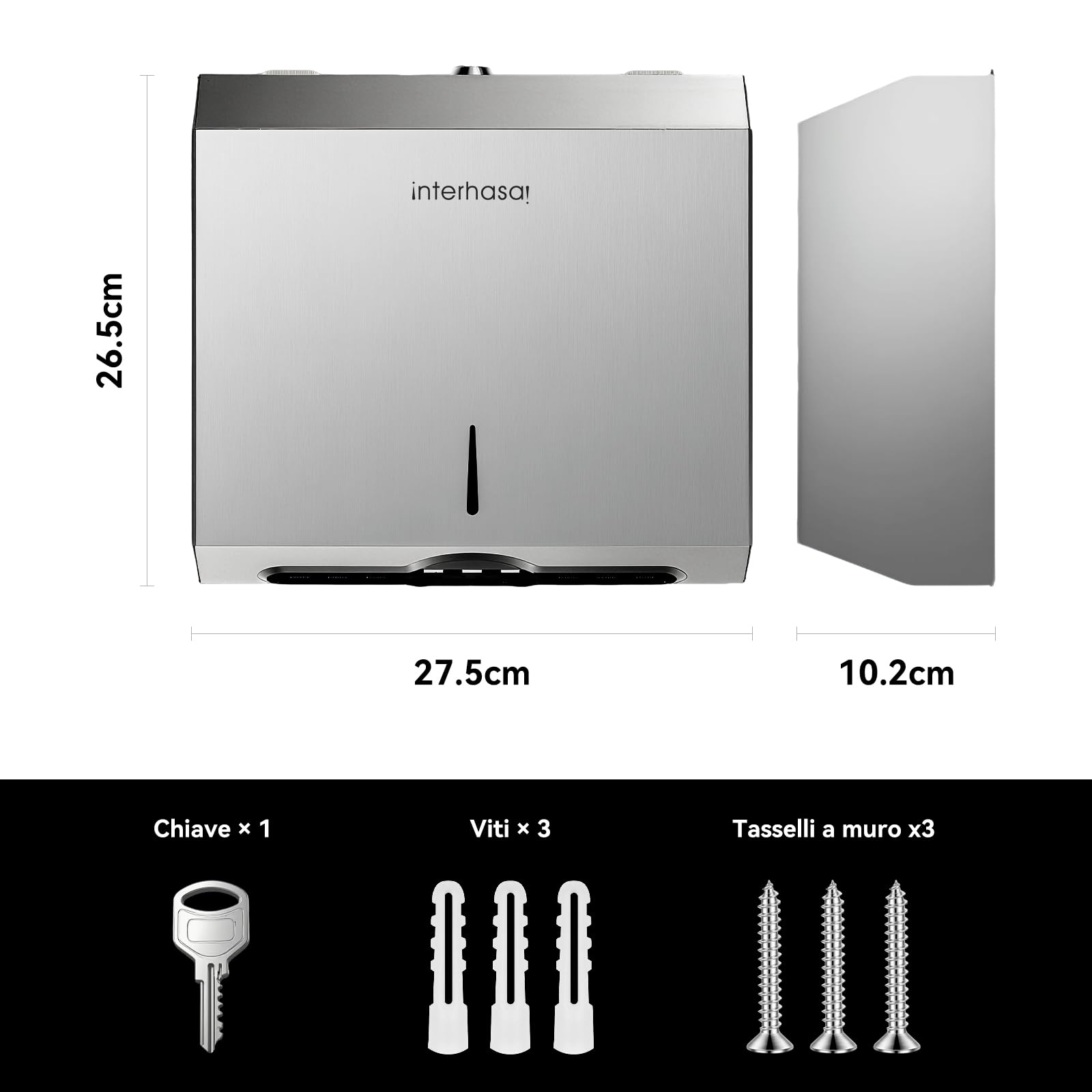 interhasa! Dispenser Carta Asciugamani da Parete, Porta Asciugamani di Carta in Acciaio Inox 304, Distributore di Carta Piegata a C/Z/V, per Bagno, Cucina, Ufficio, Hotel e Ristoranti