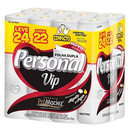 Personal VIP - Papel Higiênico Folha Dupla, Branco 24 unidades (Embalagem pode variar)