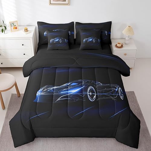 Feelyou Blue Race Car 7 Piece Bedding Set King Size for Kids Teens