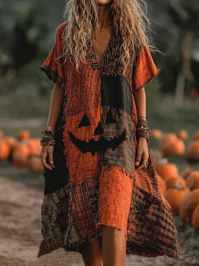 Women's Vintage Funny Halloween Pumpkin Face Midi Dress3