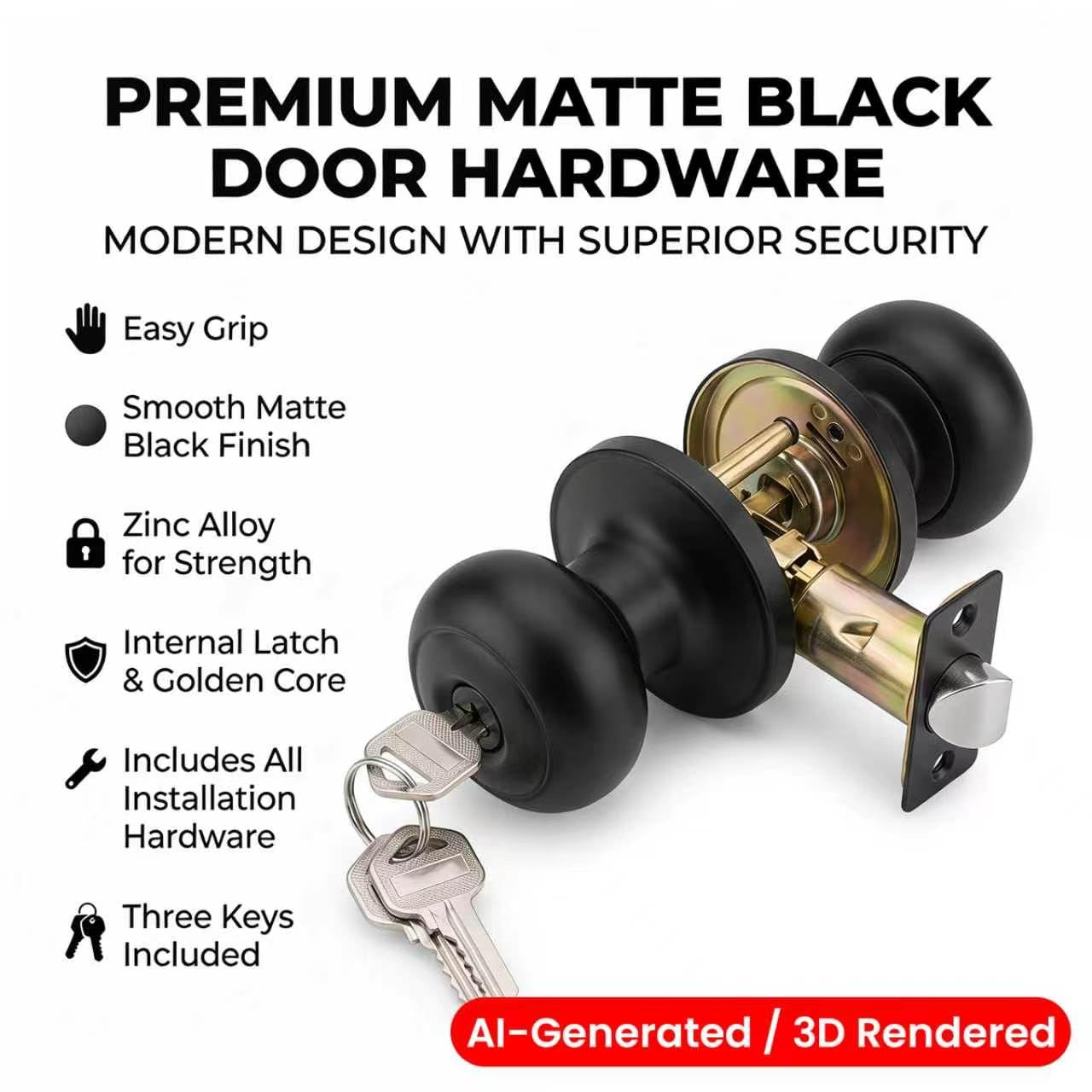 Matte Black Door Knobs with Lock - 6 Pack -3