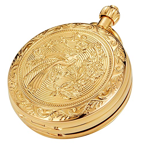Tiong Men's Luxury Pocket Watch Engraved Phoenix Mechanical Hand Wind Double Hunter Pocket Watches With Chain & Box Gifts For Father's Days #TOP12