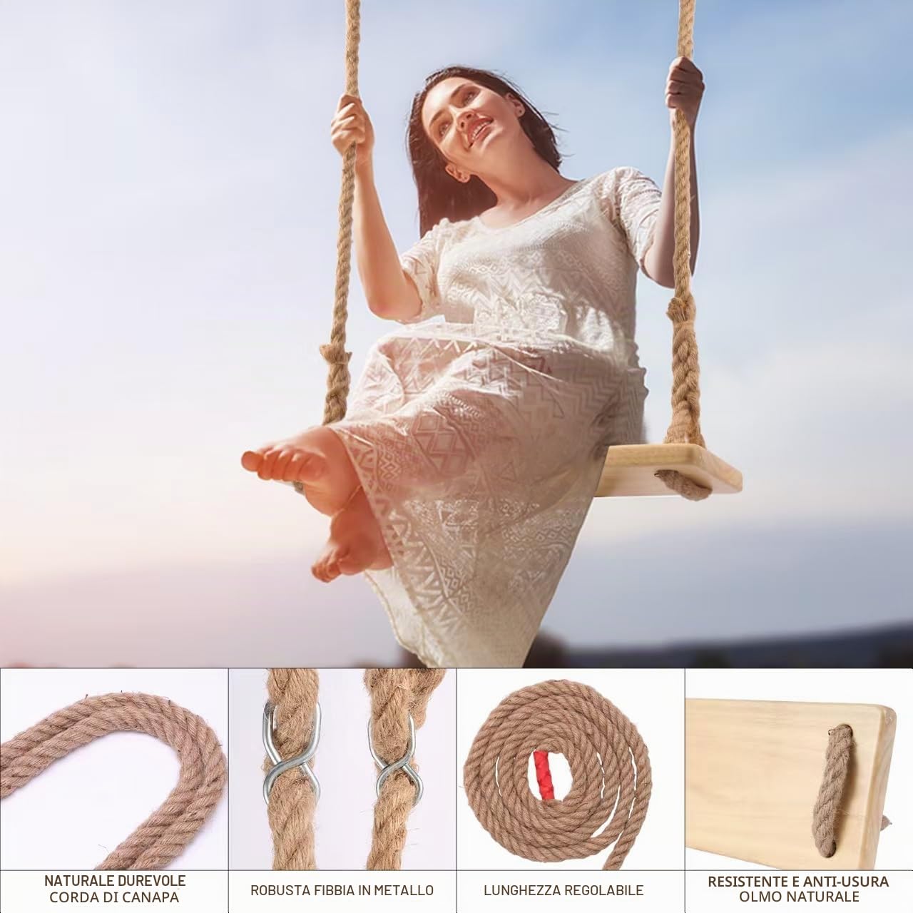 Altalena in legno da appendere per adulti, capacità 226,8 kg, corda di canapa regolabile, set di altalene da appendere per interni ed esterni, perfetto per patio, cortile, soffitto, include accessori