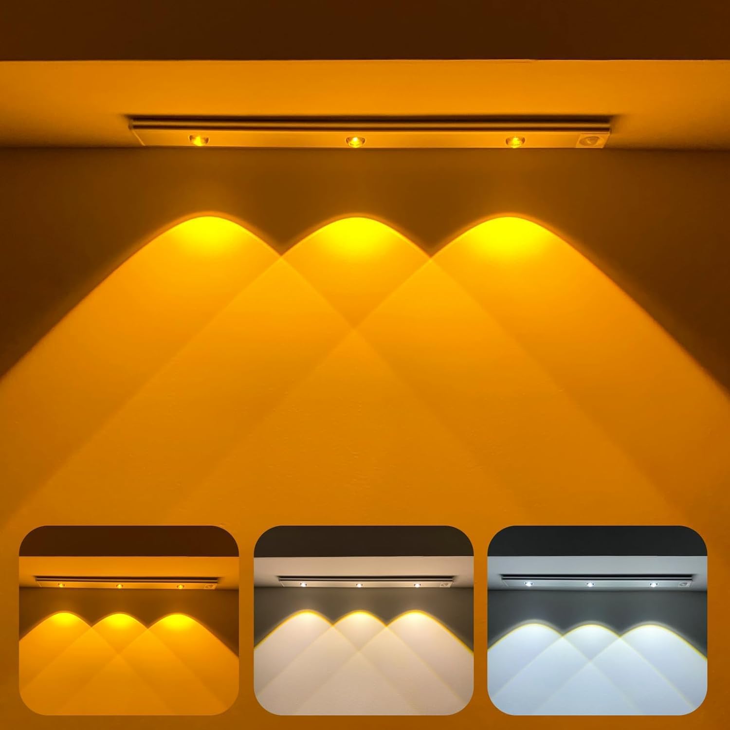 Under Cabinet Motion Sensor Light – USB Rechargeable LED Closet Light Bar with Adjustable Hill Effect Lighting 3 Color Modes Dimmable Magnetic Stick On Kitchen Cabinet Light