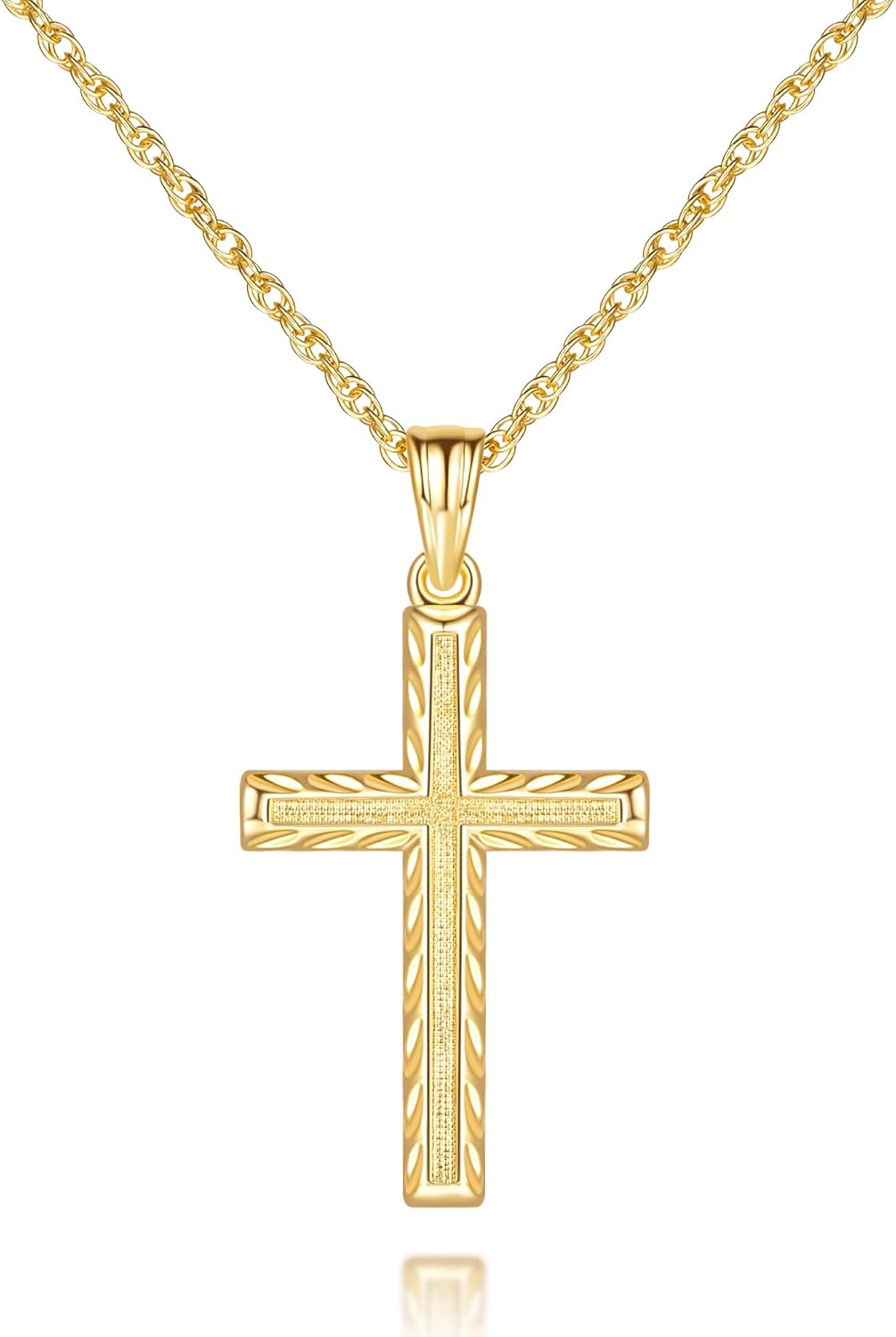 Cross Necklace for Women Gold Cross Necklaces for Women 14K Gold Crosses Pendant Necklaces for Womens with Singapore Chain Engraved with Fine Symmetrical Stripes Womens Crosses Chain Pendant