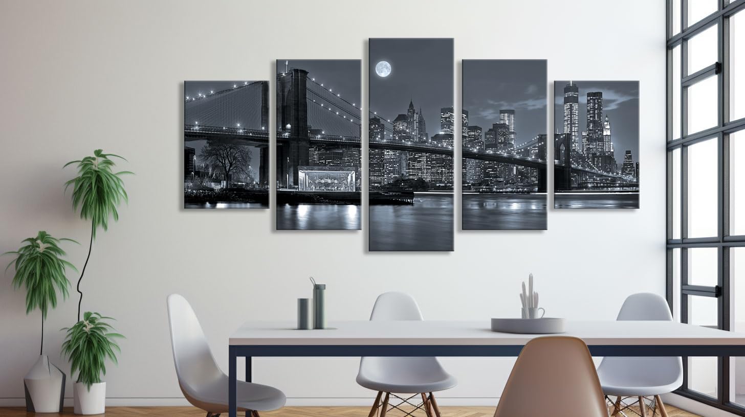 New York Brooklyn Bridge Moon Canvas Wall Art Night View 5 Panels Modern Landscape Artwork Canvas Prints Abstract Pictures to Photo Canvas Wall Decor for Home & Office Decorations