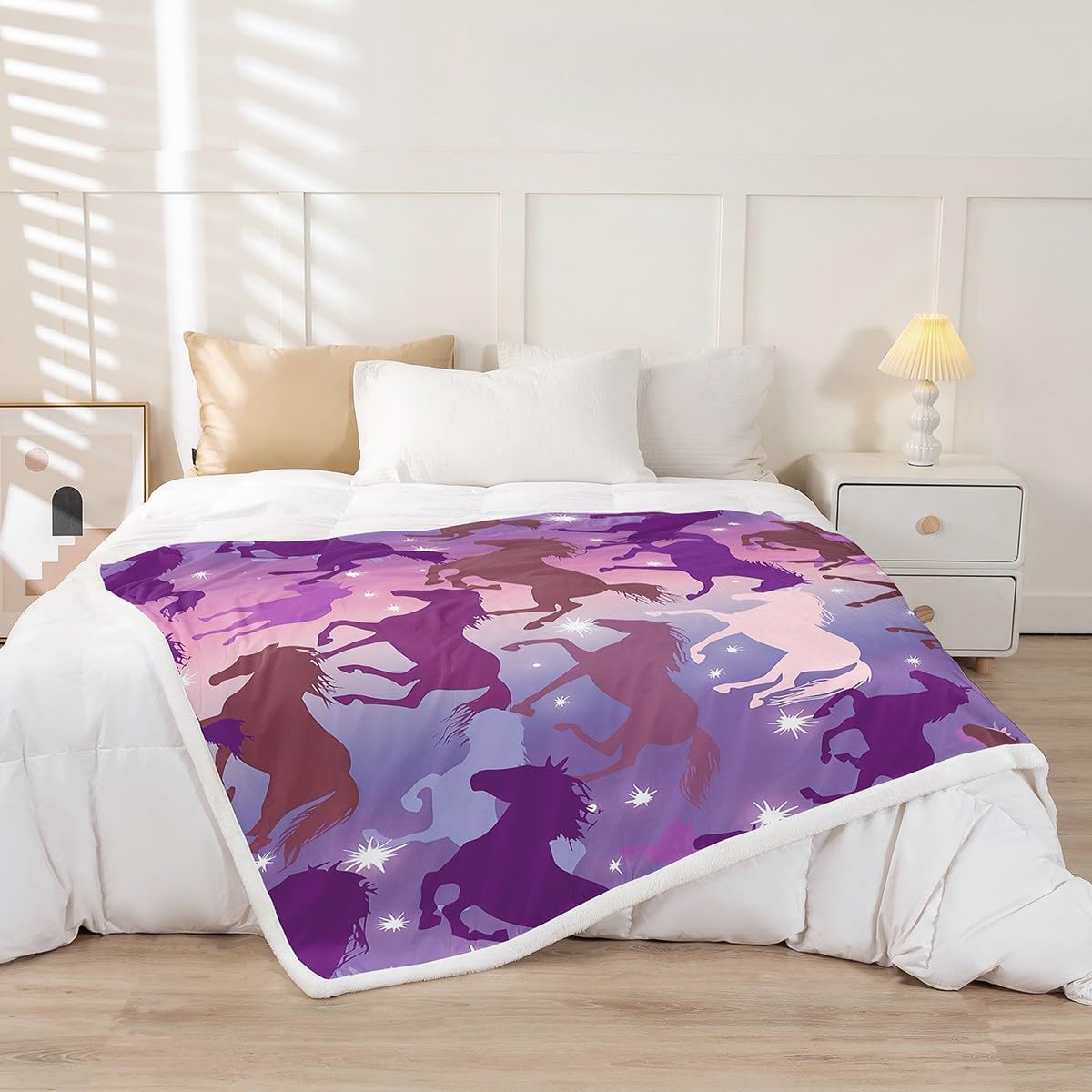 Feelyou Horse Sherpa Blanket for Girls Cute Horse Fleece Throw Blanket Purple Sparkle Stars Fuzzy Blanket Ultra Soft Kids Teen Boys Plush Blankets and Throws for Bed Sofa Couch 60" x 80"