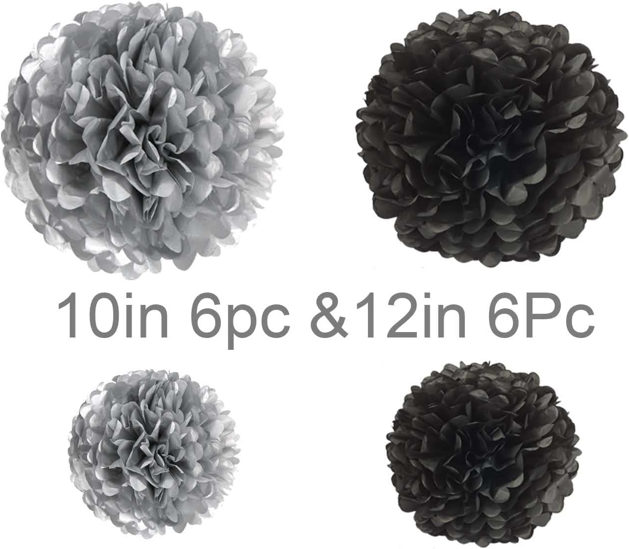 Black and Silver Tissue Paper Pom Poms Hanging Tissue Flowers Poms Decorations Pack of 12 for Wedding, Birthday,Party Backdrop Decor ect. (12", 10",Tissue Paper Flowers)
