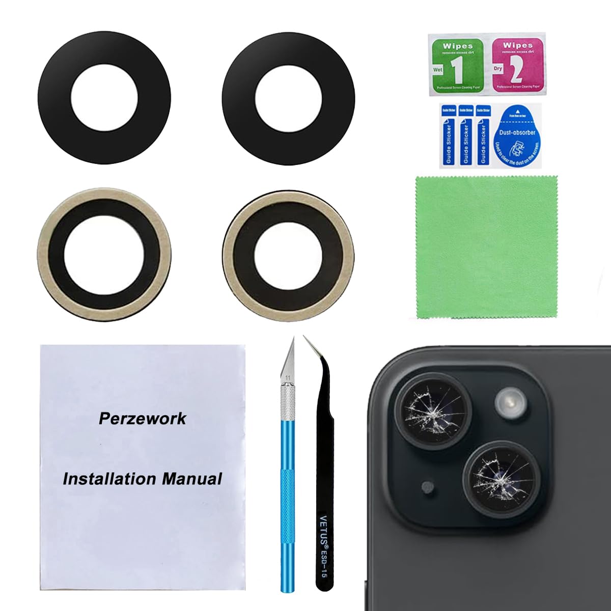 OEM Back Rear Camera Lens Glass Replacement for iPhone 15 and iPhone 15 Plus with pre-Installed Adhesive and Reparing Toolkit