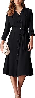 Women's Long Sleeve Button Down Shirt Dress Casual Loose Tie Waist Adjustable Sleeve Length Midi Dresses - Buy now