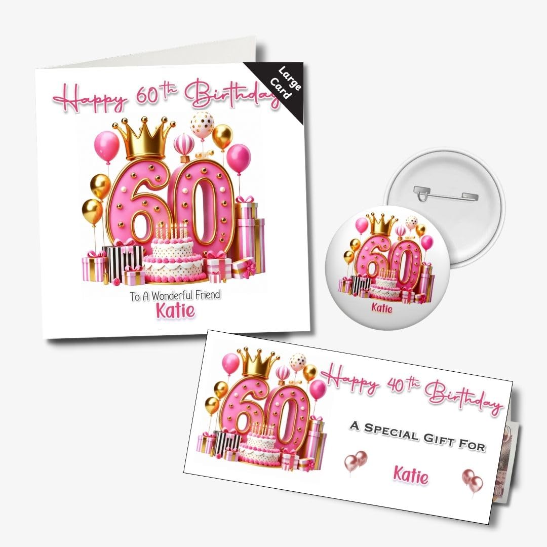 Personalised 60th Birthday Card for Daughter, Sister, Friend, Mum, Auntie, Pink and Gold Design, Blank Inside, with Optional Matching Badge and Money Wallet (Large Full Set)