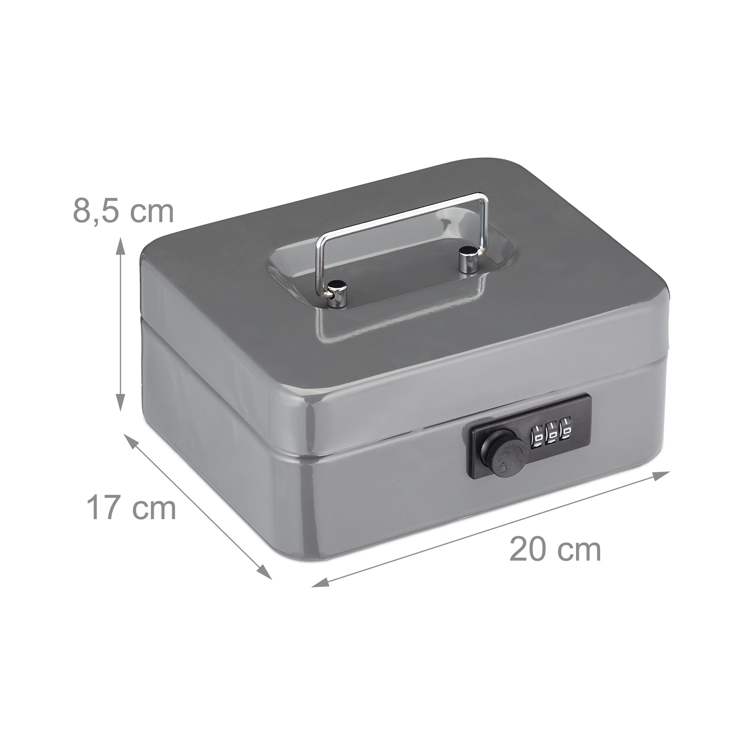 Relaxdays Caja Fuerte con Combinación de 3 Dígitos, Bandeja para Monedas, de Hierro, 8,5 x 20 x 17 cm, Gris