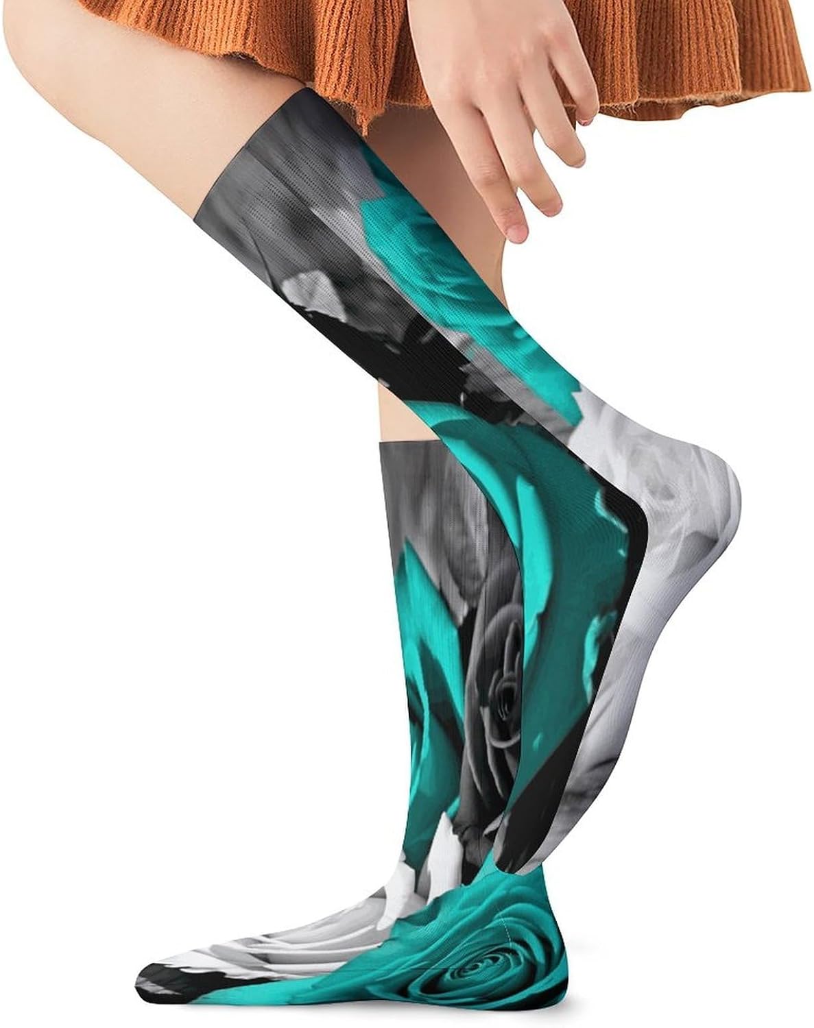 Teal Gray Rose Crew Socks Casual Breathable Calf Socks | Cushion Running Athletic Socks Long Performance Breathable Sports Socks for Women Men