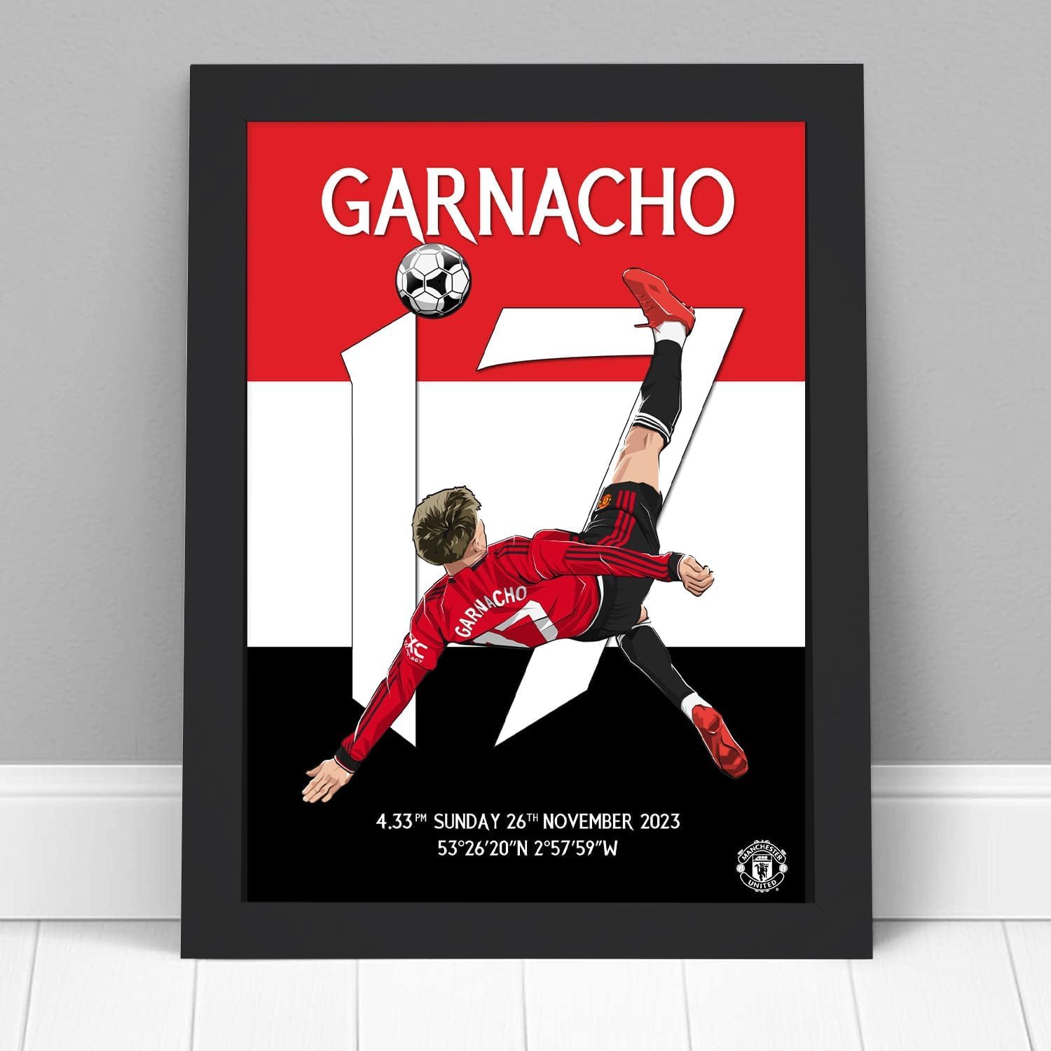 Themed Red Manchester United Fc Print - Garnacho Overhead Kick Player Poster Football Wall Art (21Cm X 29.7Cm - A4)
