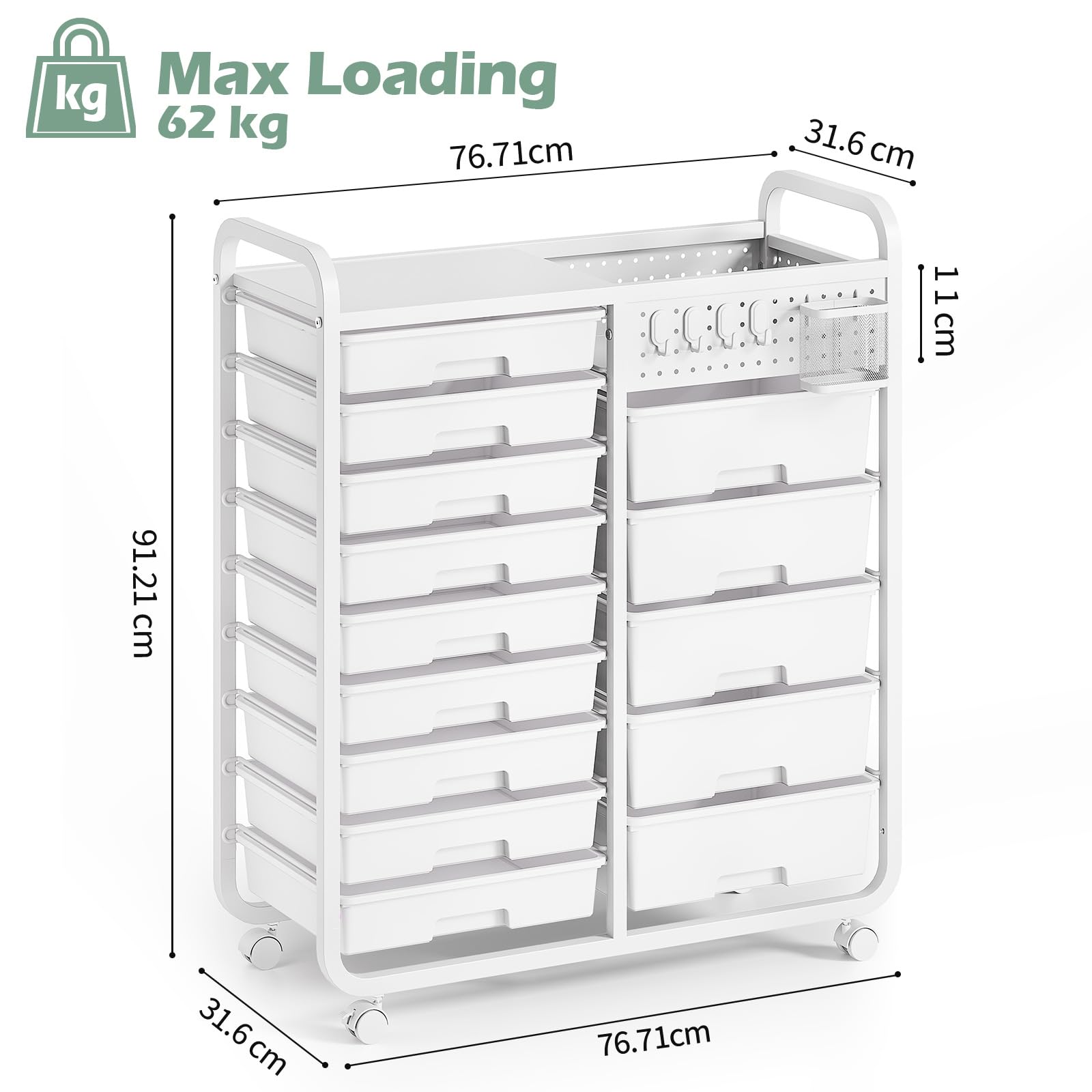 KINGRACK Rollcontainer mit 14 Schubladen, Arbeitsplatte, DIY-Stecktafel, Hängekorb und 4 Haken – Schubladenschrank Ideal für Büros, Wohnungen, Schulen, Klassenzimmer und Bastelbedarf (Weiß)