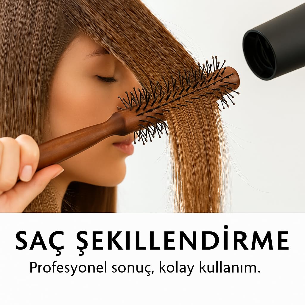SUWORS Ahşap Saplı Fön Fırçası – Boncuklu Silindirik Tarak | Profesyonel Saç Şekillendirme, Fön ve Hacim Kazandırma | Doğal Ahşap Sap