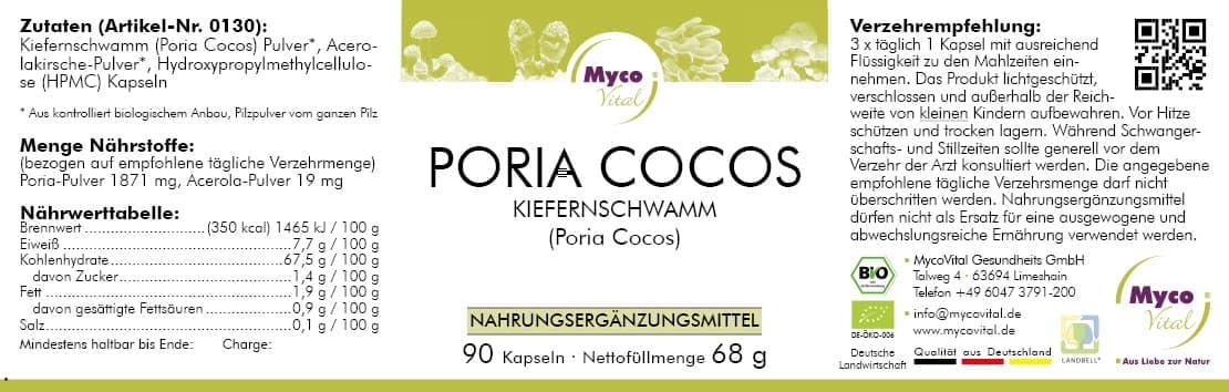 Poria Cocos Pilzpulver-Kapseln | Superfood vegan | 90 Pilzpulver-Kapseln je 750mg Pulver