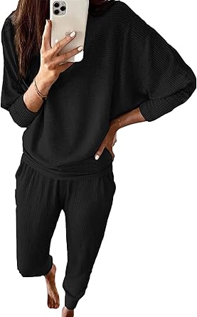 PRETTYGARDEN Women's Fall 2 Piece Lounge Set Long Sleeve Tops Ribbed Pants Spring Matching Sweatsuit Travel Outfits Clothes