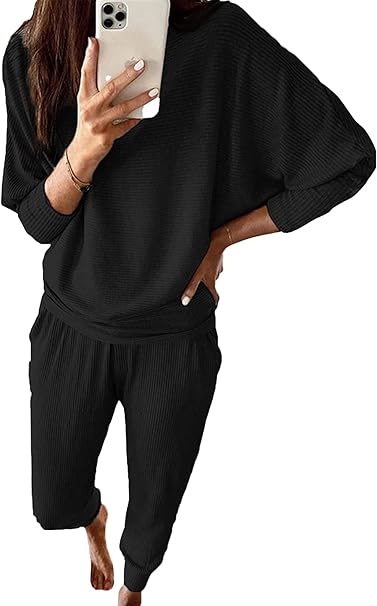 PRETTYGARDEN Women's Fall 2 Piece Lounge Set Long Sleeve Tops Ribbed Pants Spring Matching Sweatsuit Travel Outfits Clothes
