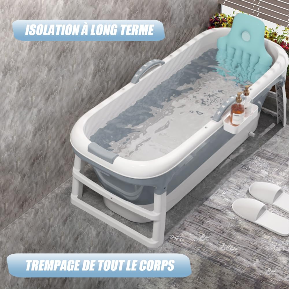 Vasca da bagno pieghevole per adulti, vasca da bagno portatile, barile da bagno, piscina da bagno in plastica, vasca da bagno extra grande per adulti con coperchio, 118 x 60 x 53 cm (grigio)