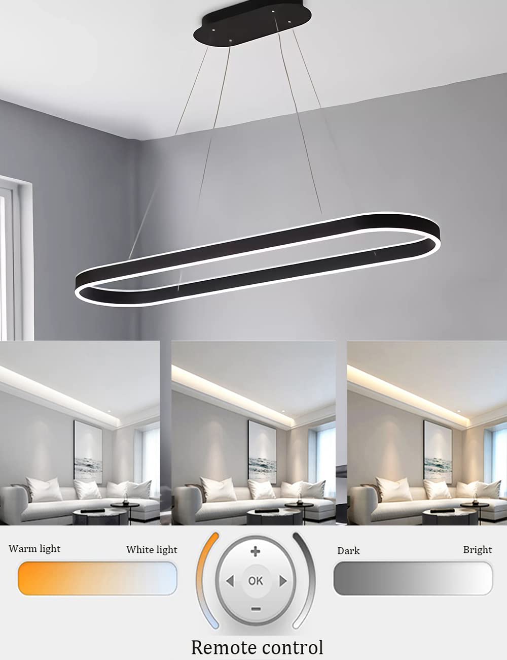 Lampadario ovale LED dimmerabile Luce a sospensione Tavolo da pranzo moderno Lampade da ufficio con telecomando Anello Lampada a sospensione Altezza regolabile Studio Apparecchio (L100cm, Nero)