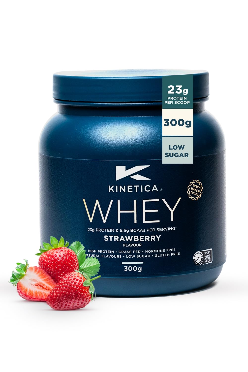 Kinetica Sports Whey Protein Powder - Strawberry, 300g, 10 Servings | 23g Protein, 5.5g BCAA Amino Acid & 4.32g Glutamine | Recovery Shake for Optimum Nutrition | WADA & Informed Sport Approved