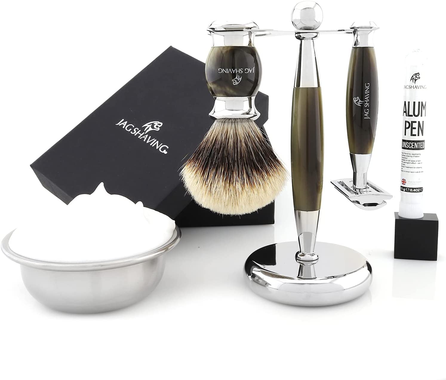 Jag Shaving Jag's Lee Range - Juego de afeitado de 3 piezas (brocha de afeitar de pelo de tejón puntiagudo, cuchillas de afeitar de doble filo, soporte para afeitar, imitación de hornión verde)