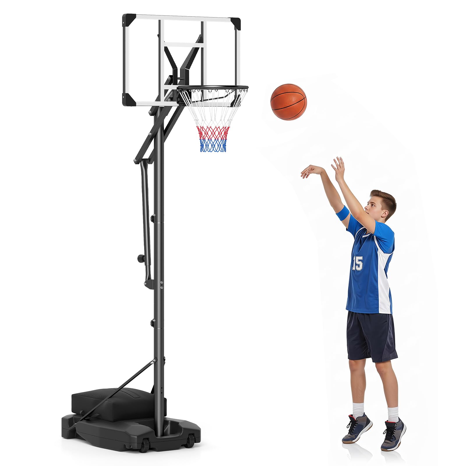 COSTWAY Canasta Baloncesto Exterior, 8 Alturas Ajustables de 2,58-3,03 m | Aro de Baloncesto con Ruedas, 2 Redes, Base Rellenable y Bolsa de Lastre, Portátil para Adolescentes, Jóvenes y Adultos