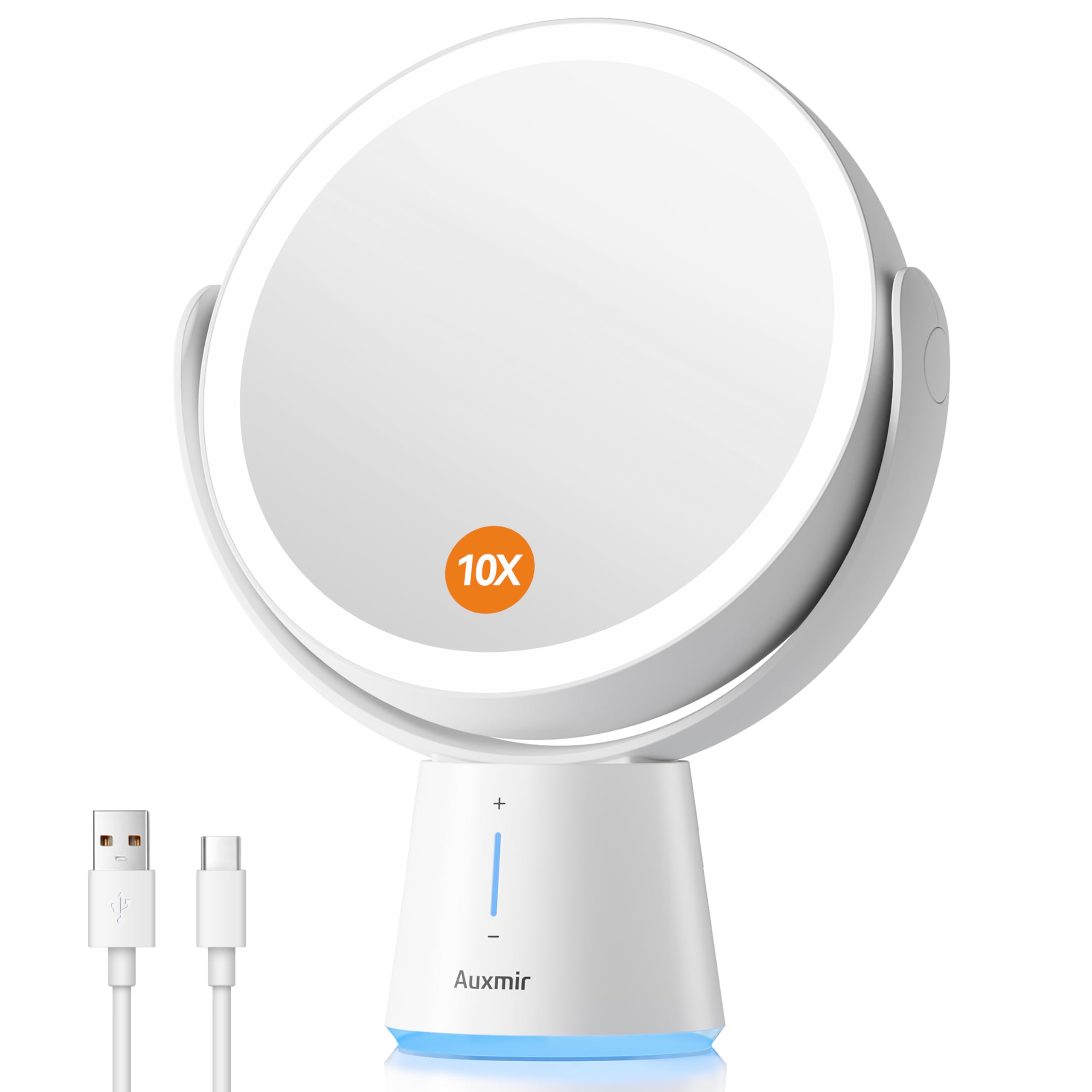 Auxmir Espejo Maquillaje con Luz LED, Aumento 10X/1X Doble Cara 360 Giratorio, Recargable 2500 mAh con USB, 5 Niveles de Brillo Ajustables, Táctil Sobremesa para Afeitado Depilación Cejas Baño