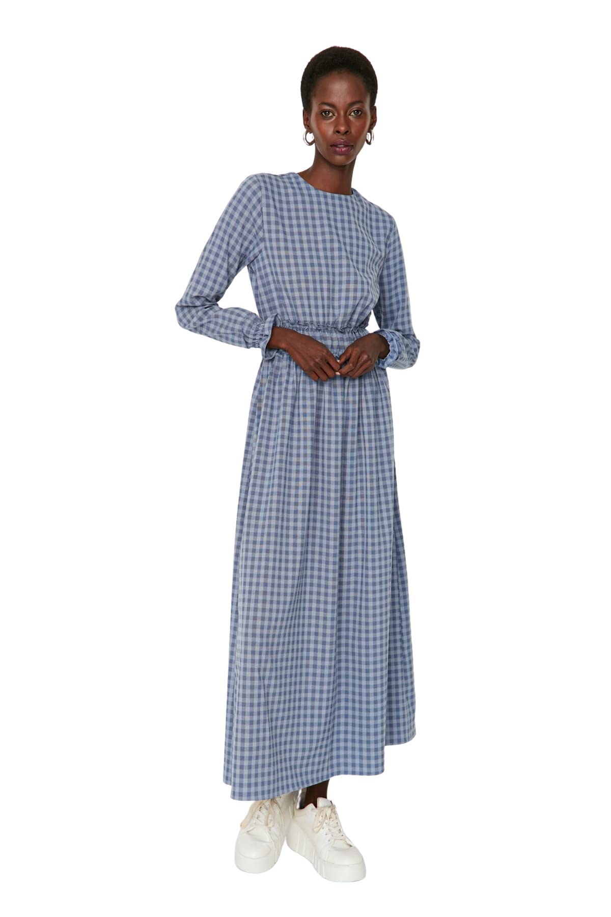 Trendyol Women's Woman Design Regular Standard Crew Neck Woven Dress, Navy Blue, 42