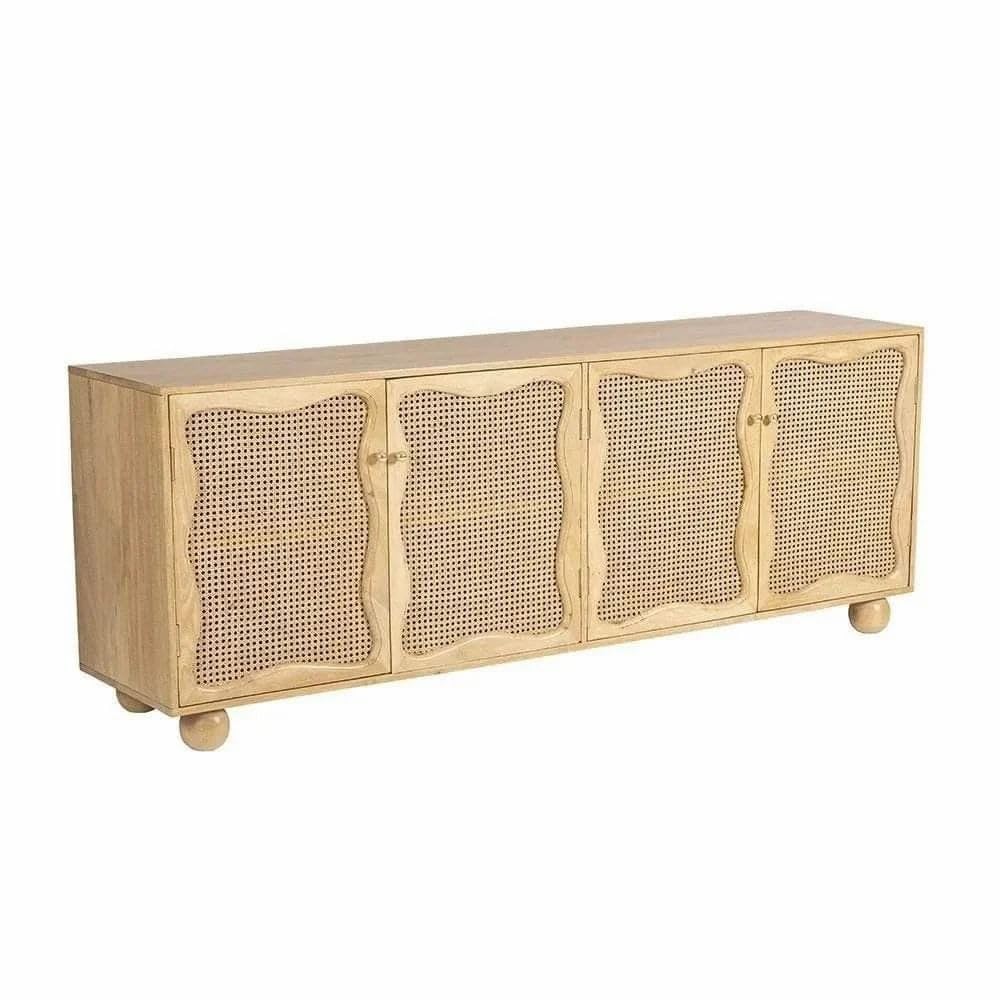 TGF Furniture Store Rattan Cane Sideboard Cabinet – Natural Wood Finish – 4-Door Storage Console with Ball Feet – Modern Boho Style Buffet for Living Room or Dining Area-image-30