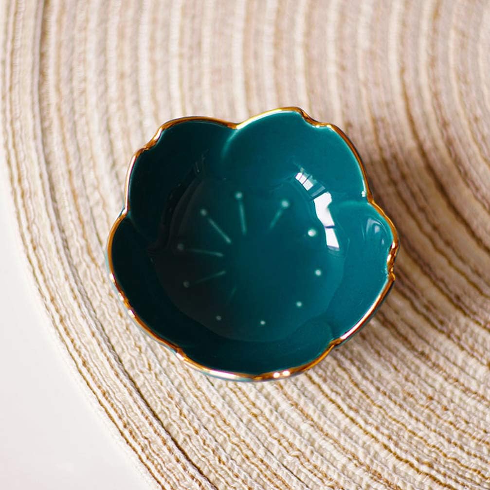 Cabilock Ceramic Seasoning Dishes Set of 2 Green Flower Shaped Dipping Bowls 2.8 Inch Small Plates for Sauces Condiments Appetizers
