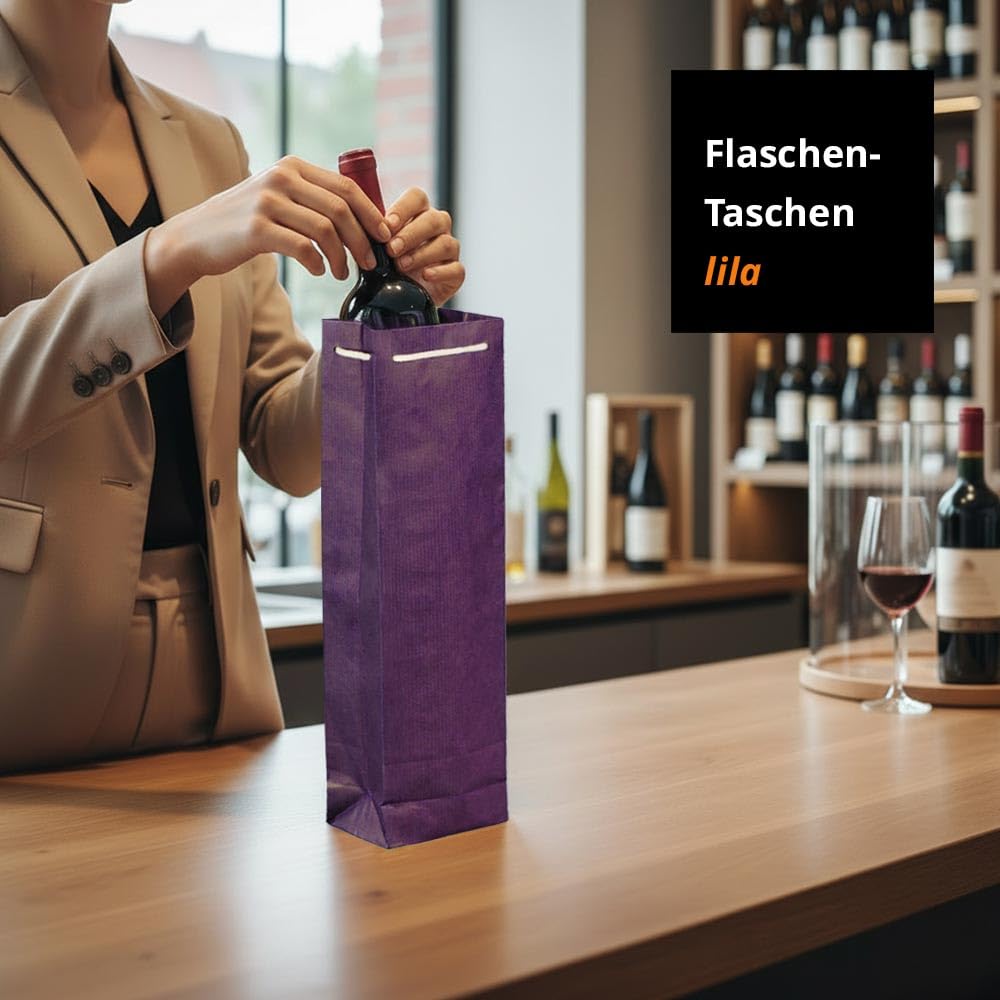 50 x Flaschentaschen lila 9,5+6,5x38 cm | Flaschentüten | Geschenktüte Flasche Wein | Weintaschen | HUTNER