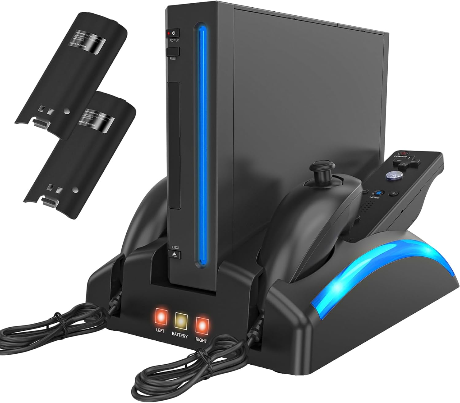 Game Organizer Station for Wii Remote Charger, Charging Dock Station for Controller, Wii Stand with 2 Pcs Rechargeable Battery for Wii Console Nunchuk Game Accessories Kit Storage