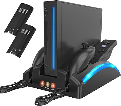 KEKUCULL Game Organizer Station for Wii Remote Charger, Charging Dock Station for Controller, Wii Stand with 2 Pcs Rechargeable Battery for Wii Console Nunchuk Game Accessories Kit Storage