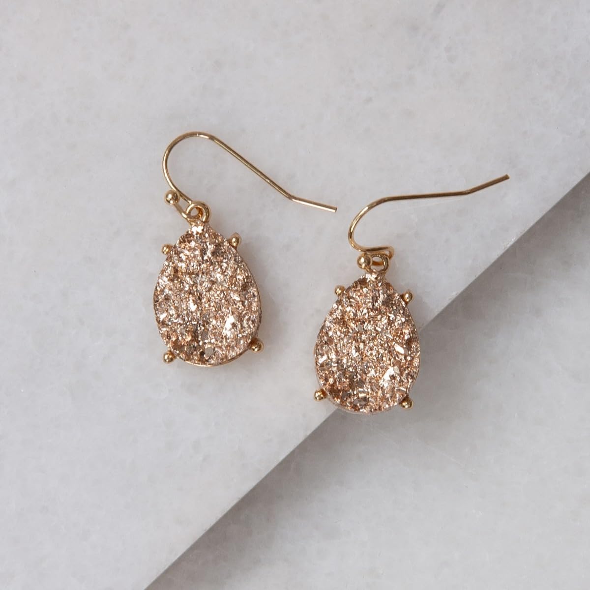 Teardrop Dangle Earrings for Women with Simulated Druzy Stones in Gold or Silver Tone - Image 3
