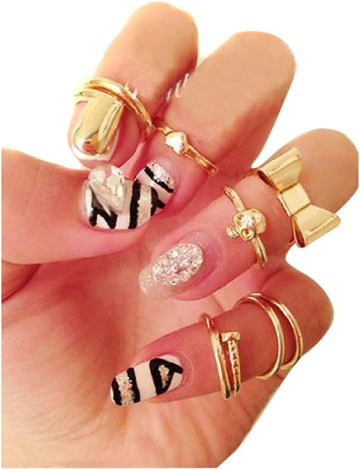 Sealike 7 Pcs Fashion Europen Punk Style Heart Cute Bowknot Skull Plain Above Knuckle Rings Band Mid Finger Rings Midi Rings Joint Rings Set with a Stylus
