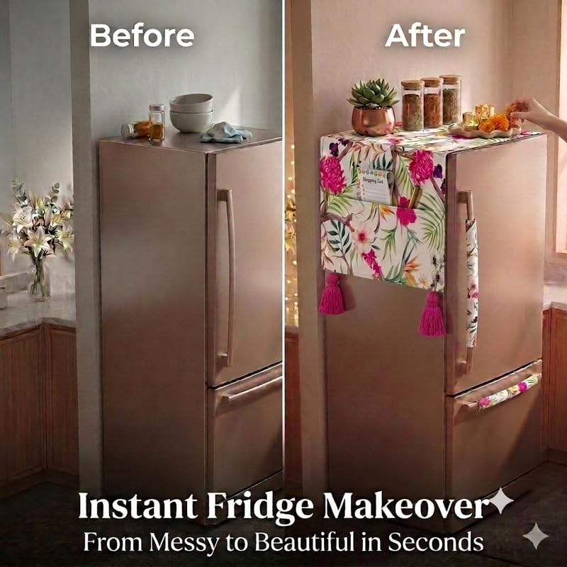 Image of WWW.THROWPILLOW.IN Fridge Top Cover for Double Door 250-400L | Medium Size Dustproof Refrigerator Cover | Corner Tassels with Pockets | Floral Print | Double Door Fridge Cover Mat