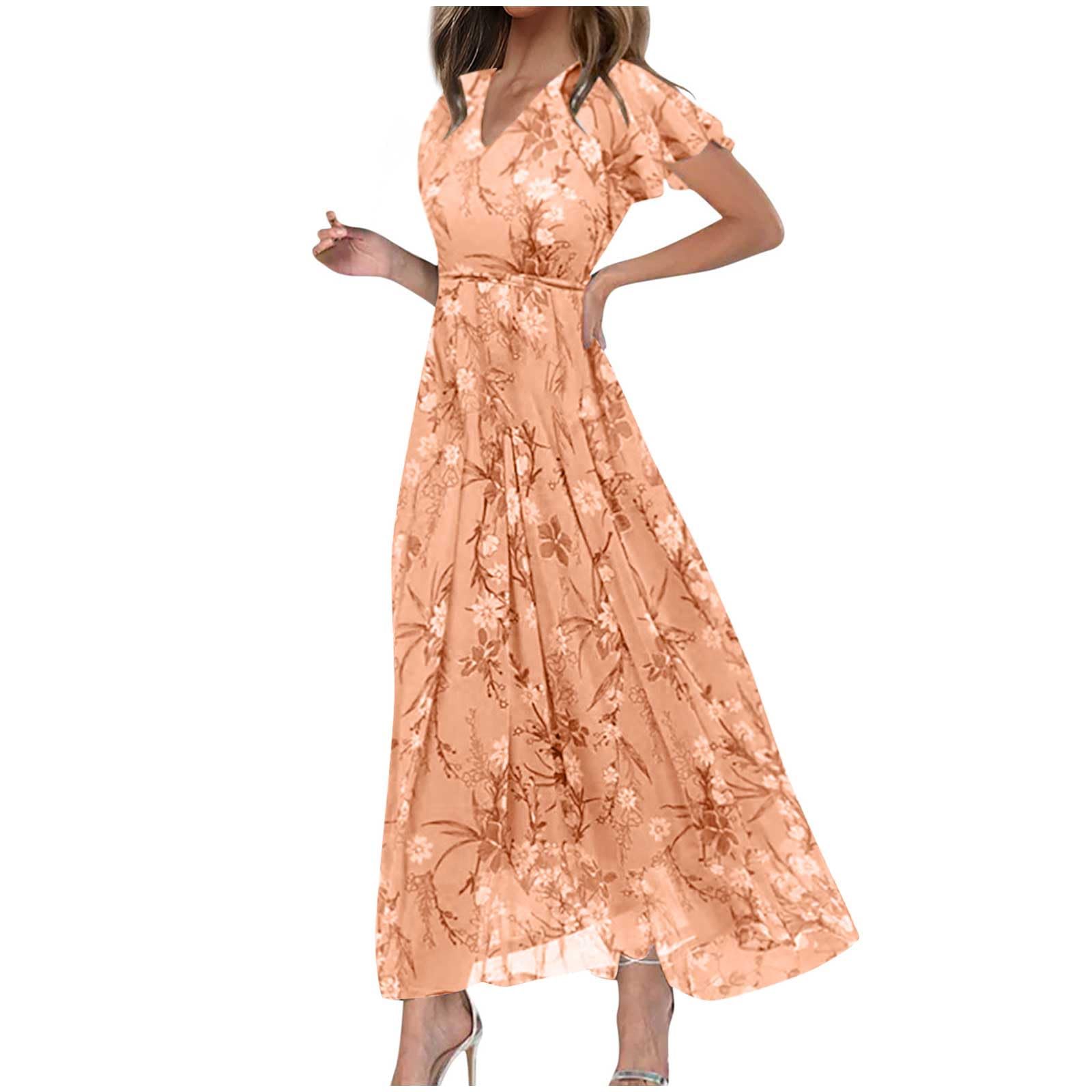 Womens Bohemian Long Dresses Ruffle Sleeve V-neck Tee Dress Casual Ruched Floral Dress Plus Size Swing Tops Dress