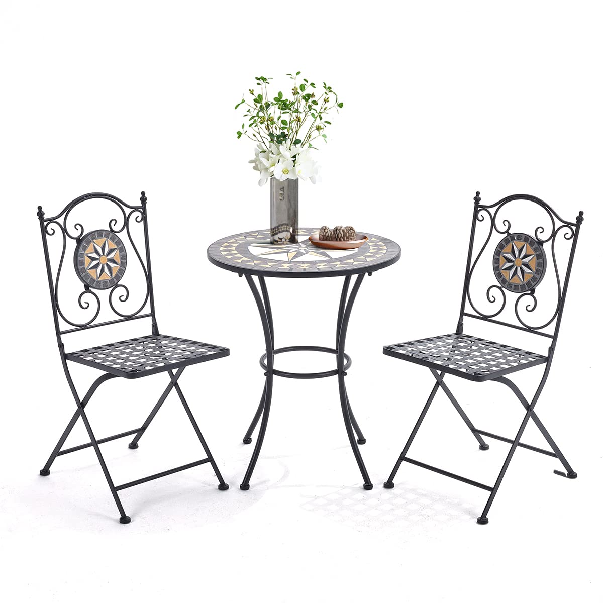 WarmiehomyBistro Set Mosaic Table and Chairs Garden Dining Table 2 Folding Chairs Outdoor Coffee Table and Metal Chair Seat for Balcony, Patio,Cafe