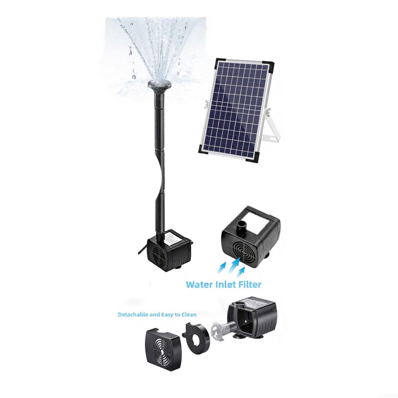 Pompa a fontana solare da 10 W 9 V con portata 500 l/h e pannello in vetro temperato di altezza 100 cm per vasca per uccelli, laghetto, giardino, paesaggistica