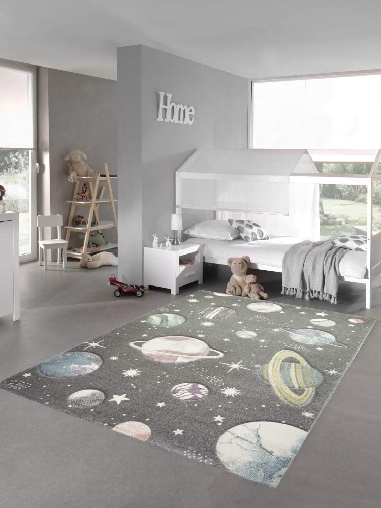 Teppich-Traum Alfombra Infantil Alfombra de Aprendizaje Espacial con Estrellas y Planetas en Gris Pastel Größe 120x170 cm